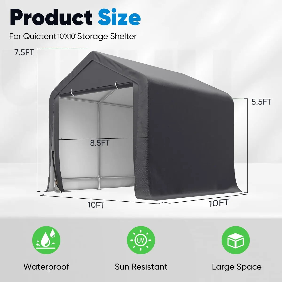 10' x 10' Portable Garage Outdoor Storage-Gray Size Details 
