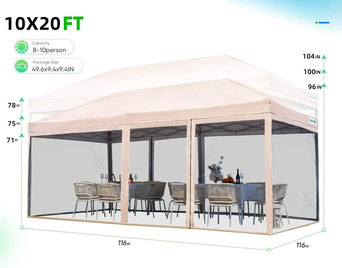 10'x20' Pop Up Canopy with Screen Size