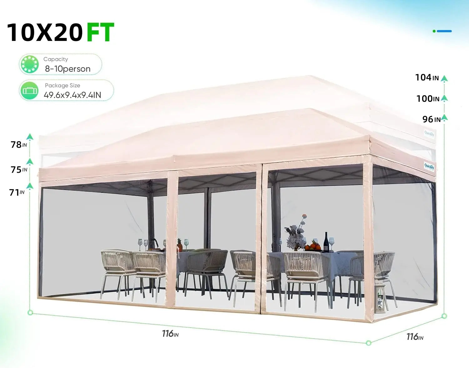 Quictent 10x20 Pop Up Screen Canopy with Wheeled Carry Bag 4 Sandbags