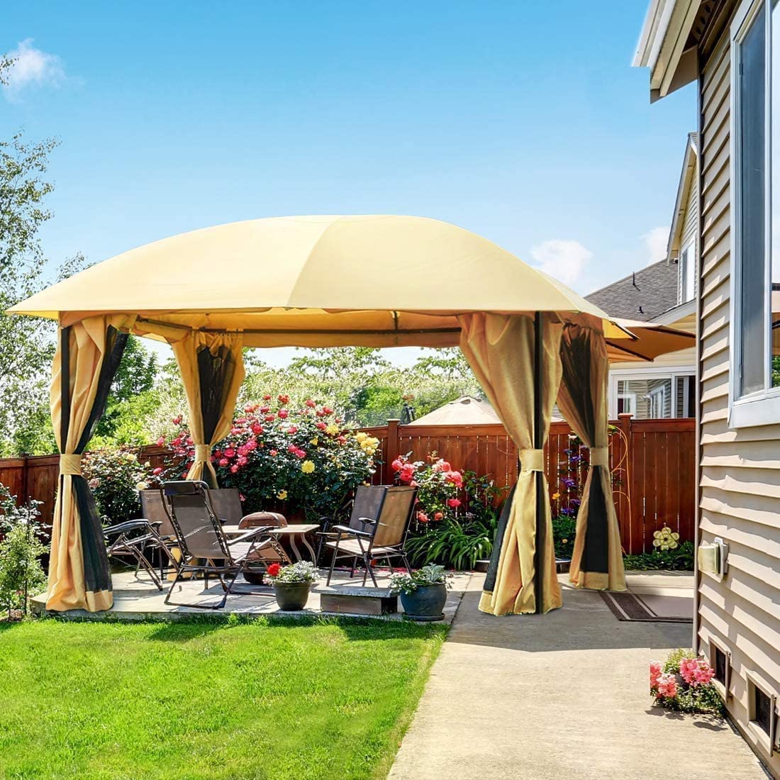 12' x 12' Metal Gazebo with Netting-Tan