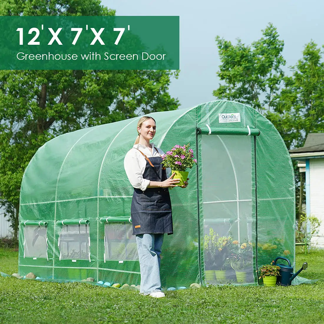 12' x 7' x 7' Tunnel Greenhouse with screen door#color_green