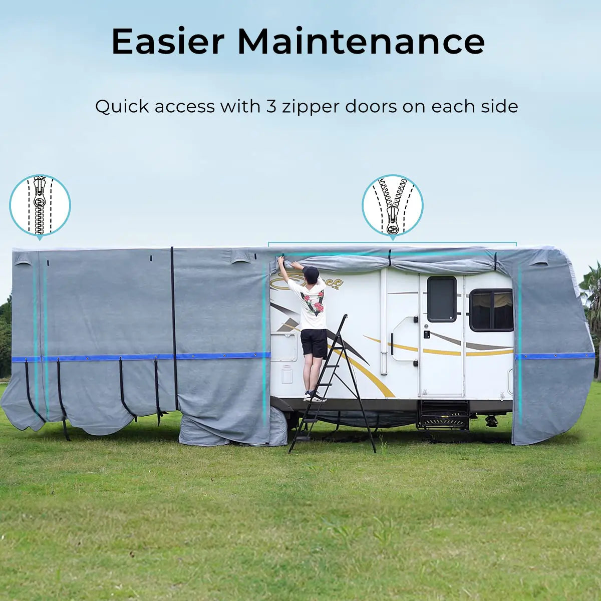 3 zippers on each side of the Travel Trailer Covers