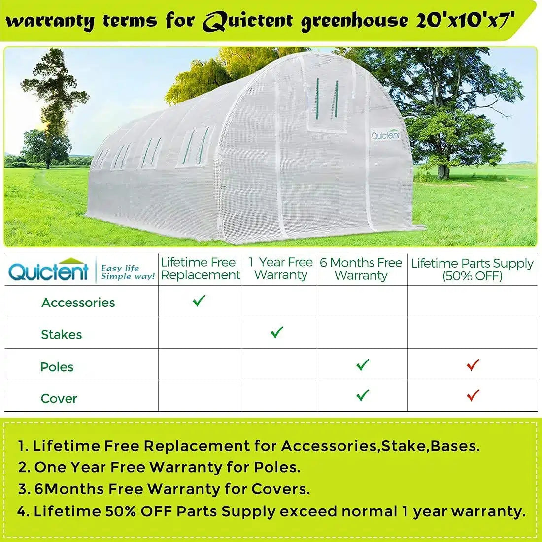 warranty terms for Quictent 10x20 greenhouse#color_white