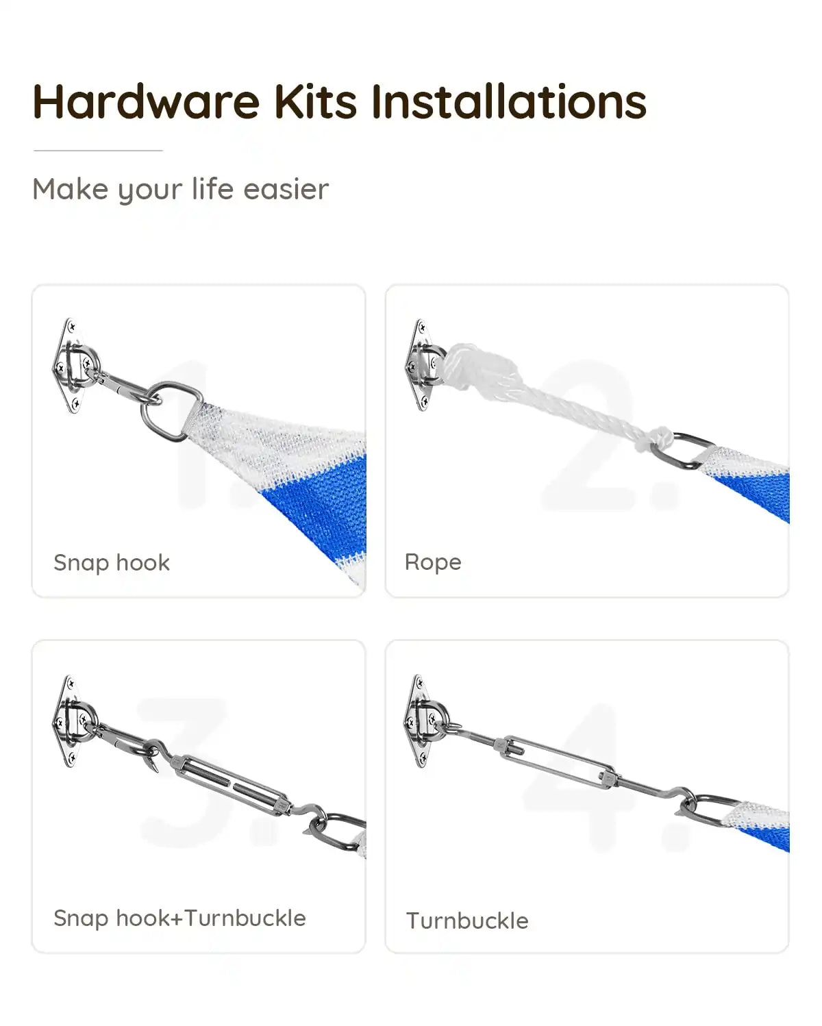 White and Blue shade sail hardware kits