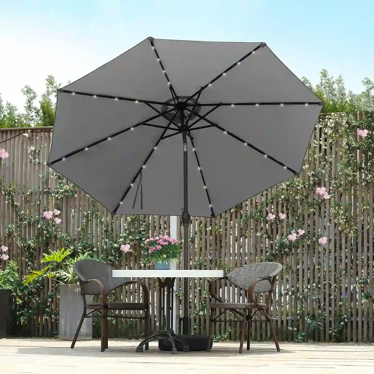 white 9 ft umbrella with led lights for shade#color_beige white
