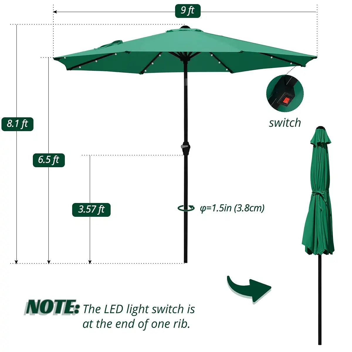 green 9 ft outdoor umbrella with lights size#color_dark green