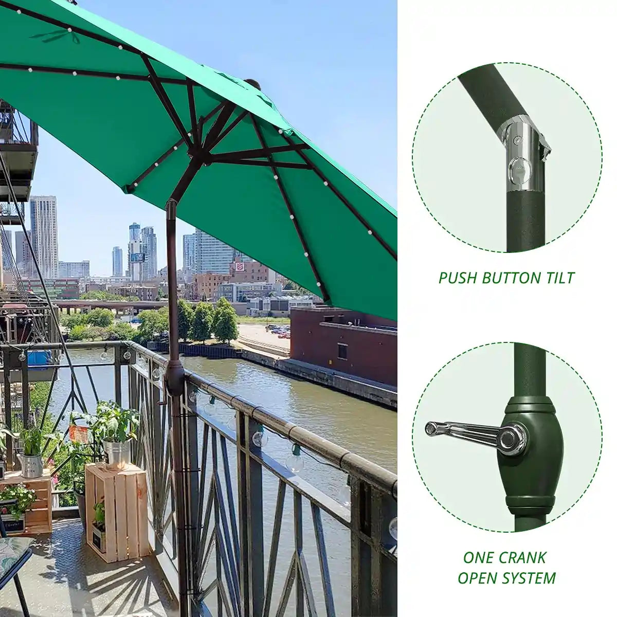 green umbrella with led lights frame detail#color_dark green