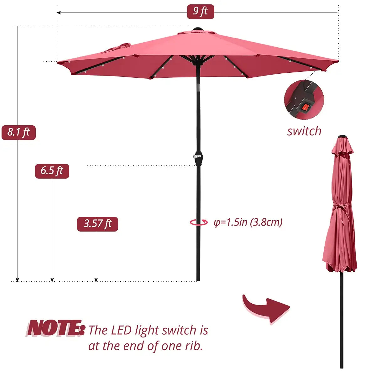 wine 9 ft umbrella with led lights size#color_wine