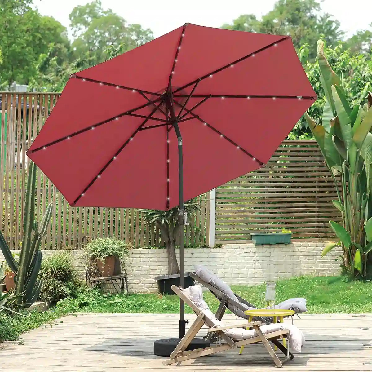 wine 9 ft outdoor umbrella with solar lights#color_wine