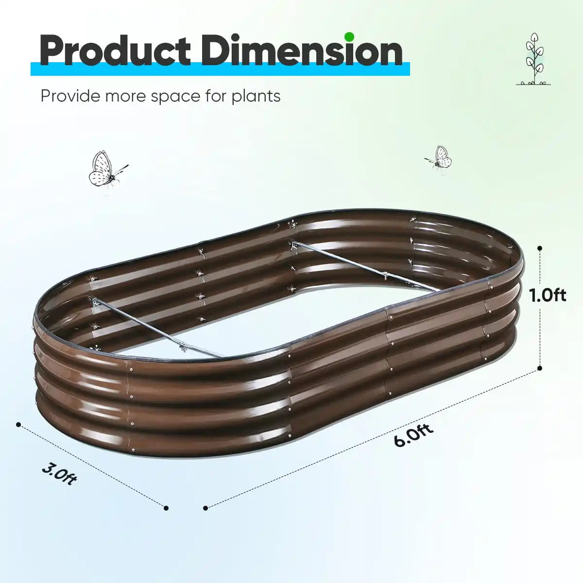 6' x 3' x 1' Oval Galvanized Raised Garden Bed dimension#color_brown