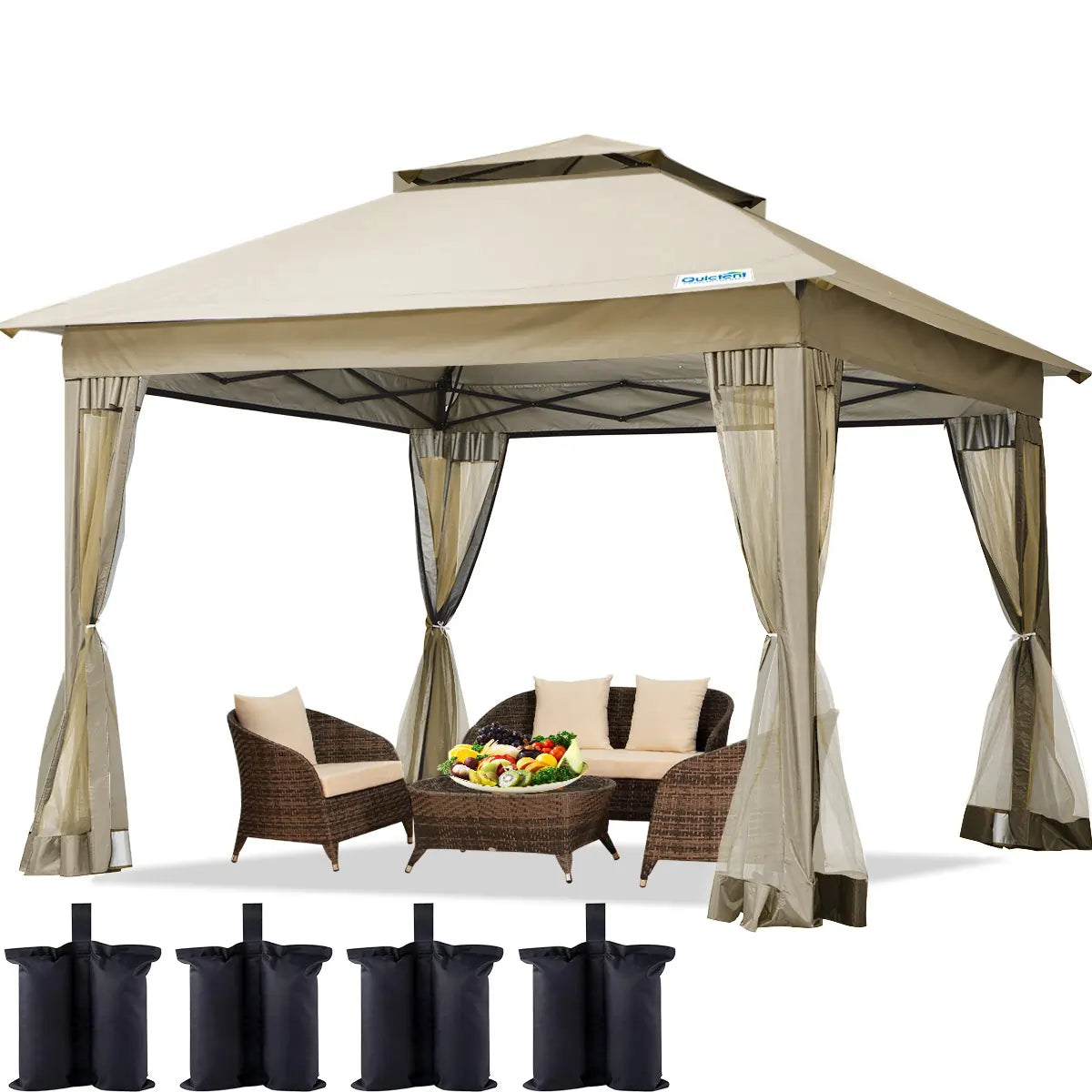 Pop up gazebo with netting#color_khaki