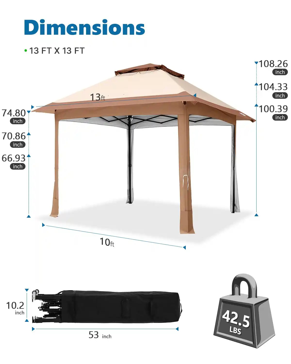 Khaki 13x13 pop up gazebo tent dimensions#color_beige/khaki