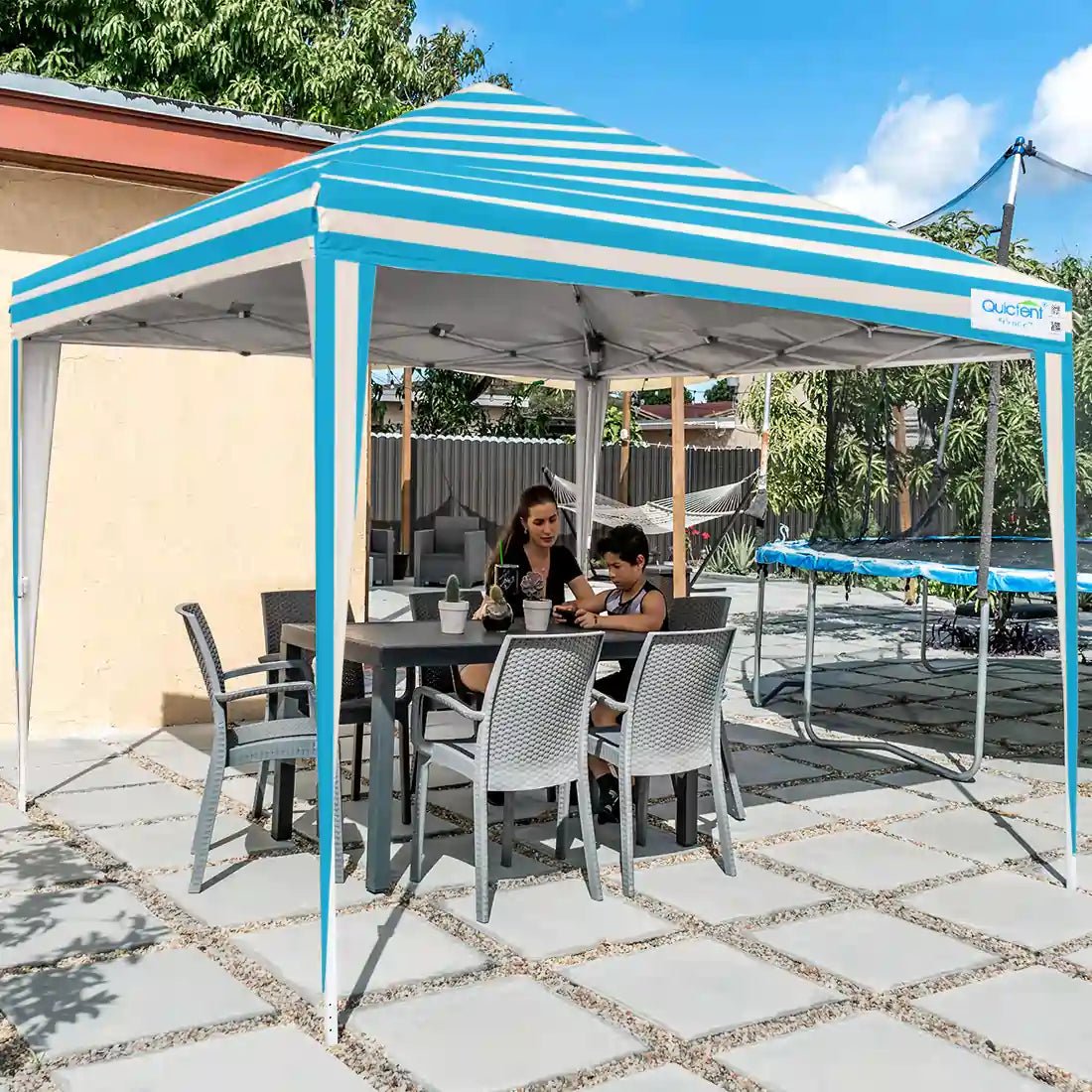 Striped blue pop up canopy without sidewall outside#color_ white and blue