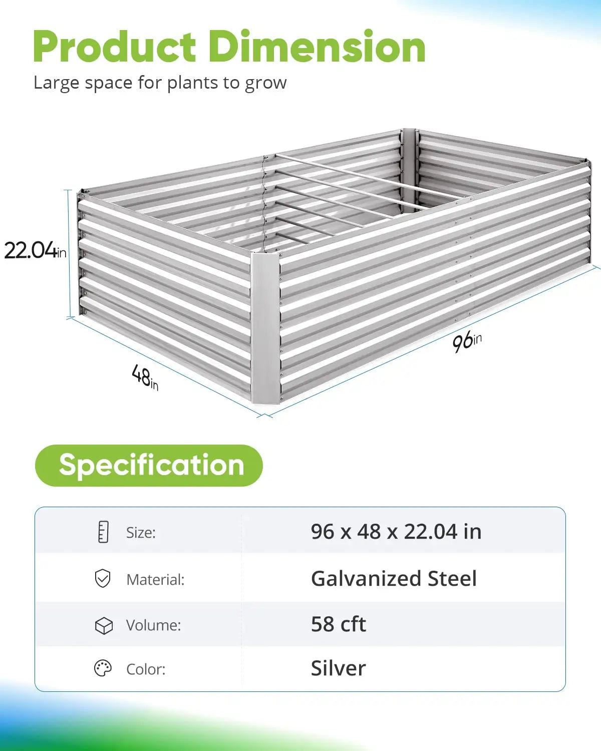 silver 8x4x2ft garden bed dimension#color_silver