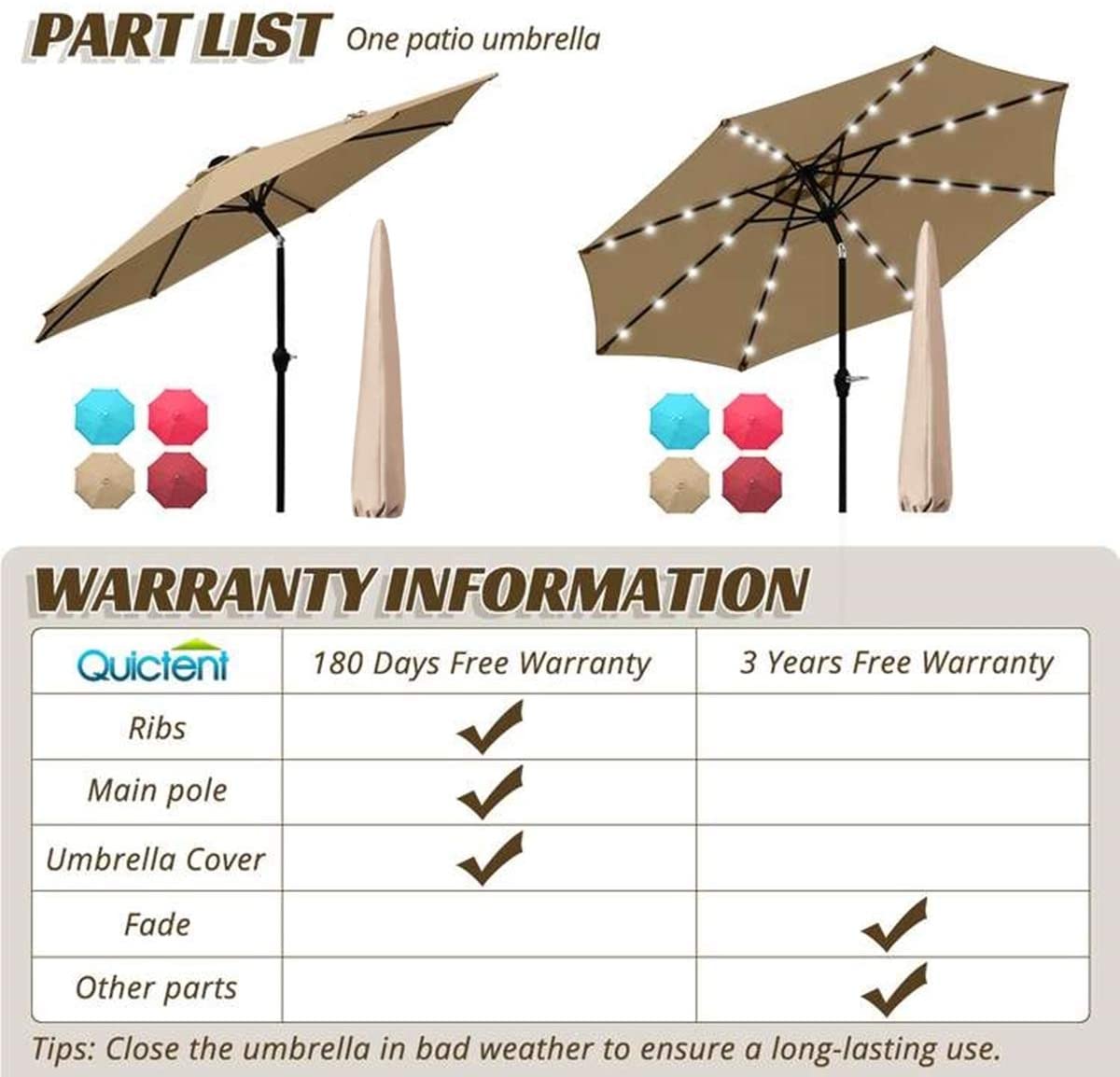 9tf Patio umbrella Warranty#color_tan