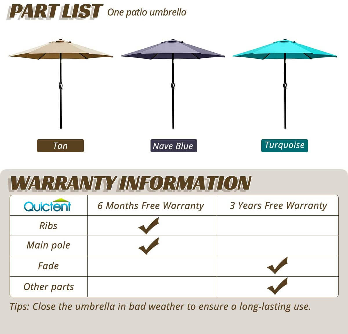 Quictent 7.5' Patio Table Umbrella, Small Outdoor Umbrella, Waterproof