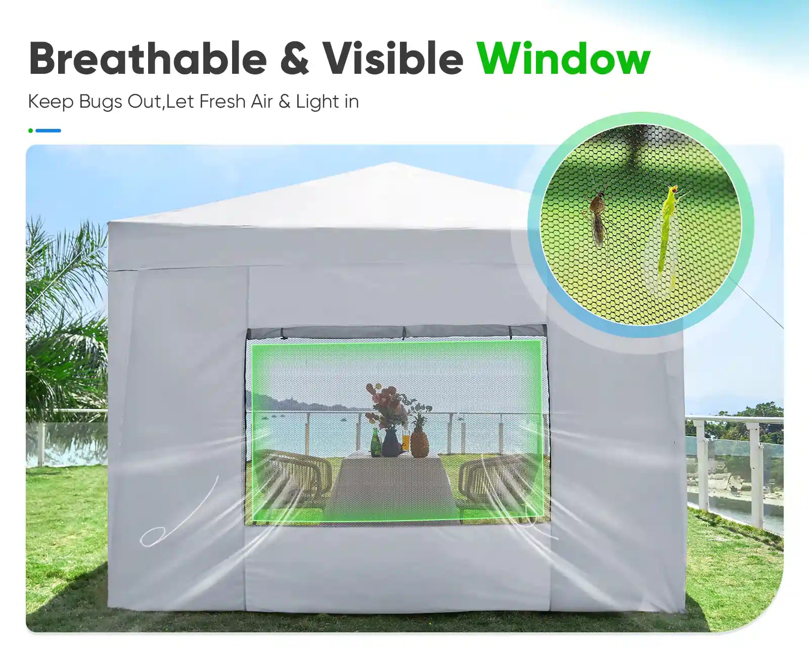 white 8x8 canopy tent with mesh window#color_white
